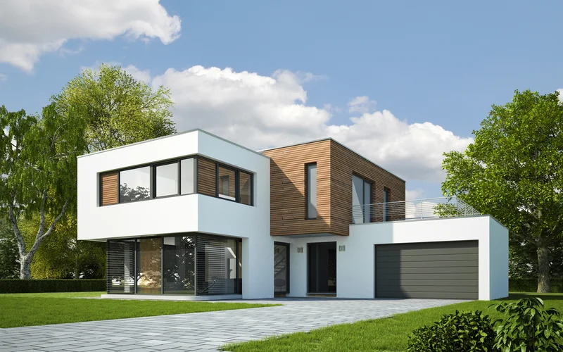 Modern home facade with concrete block driveway pavers. Modern home facade with concrete block driveway pavers.