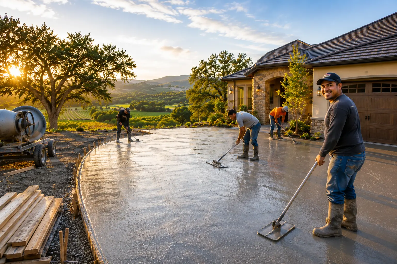 Quality residential concrete driveway installation at sunset. Quality residential concrete driveway installation at sunset.