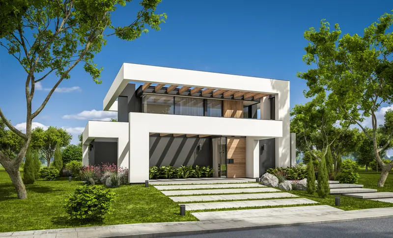 Modern architectural concrete driveway with decorative grass strip inserts